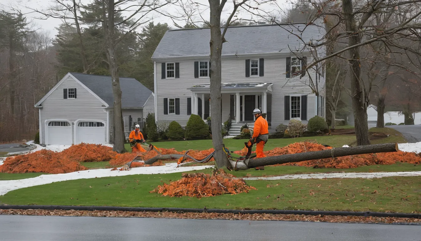 A local tree provider sectioning a storm-damaged tree beside a home in the Perkasie area