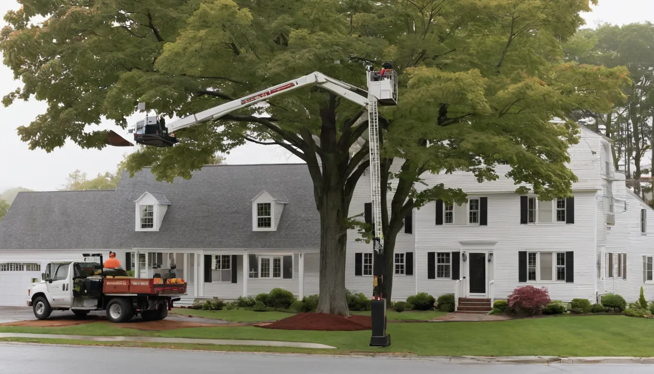 A provider crew safely taking down a large tree in a residential yard in the Perkasie area